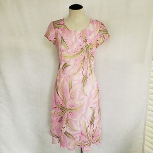 Vintage Maggy London Sheath Dress Size 6  Pink Lily Watercolor Print Lined USA